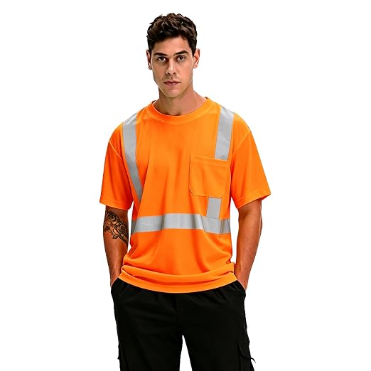 Hi Vis T Shirt Class 3 High Visibility Shirts for Men Safety Shirts with Reflective Strips and Pocket Breathable Construction Work Mesh Short Sleeve