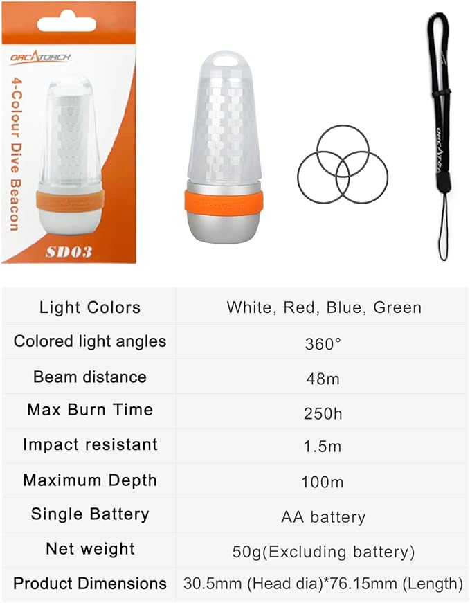 ORCATORCH SD03 Dive Signal Light 4-Color-in-1 (Blue, Red, White, Green) 8 Modes Scuba Diving Beacon with Constant and Flashing Modes, Mini Scuba Tank Marker Light for 100M Underwater Diving