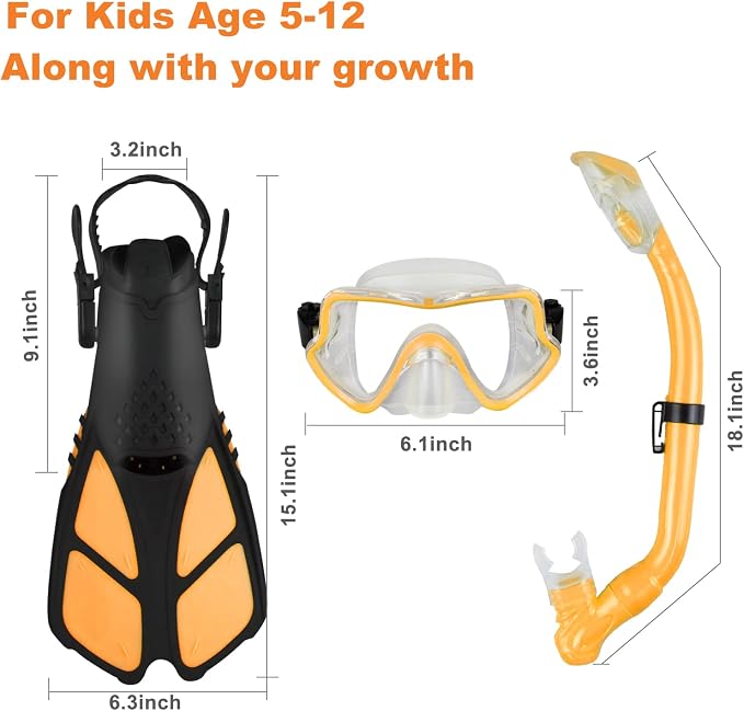 Kids Snorkeling Set - Adjustable Flippers + Panoramic Snorkel Mask + Dry Snorkel Tube + Travel Bags - Suitable for Kids & Juniors, Age 5-14