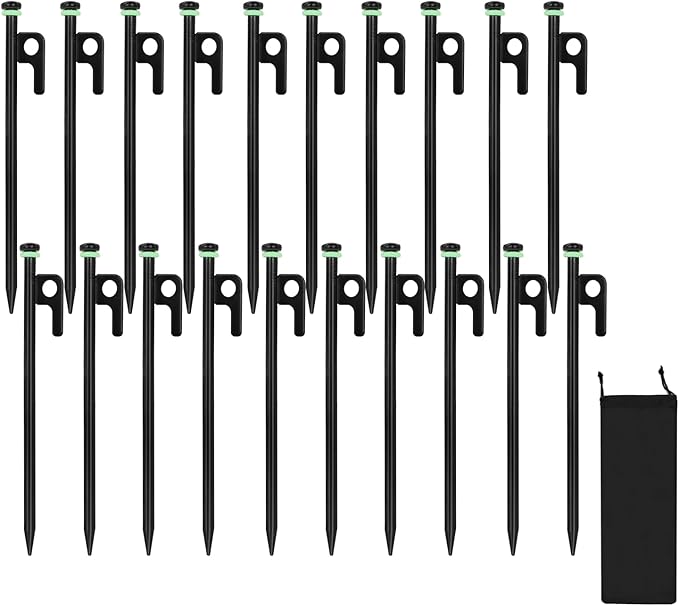 20Pcs Tent Stakes, 8in Heavy Duty Tent Stakes with Storage Pouch, Dia 0.35" Forged Steel Stakes for Tent Used on Rocks, Snowfield(20Pcs 8in Stakes)