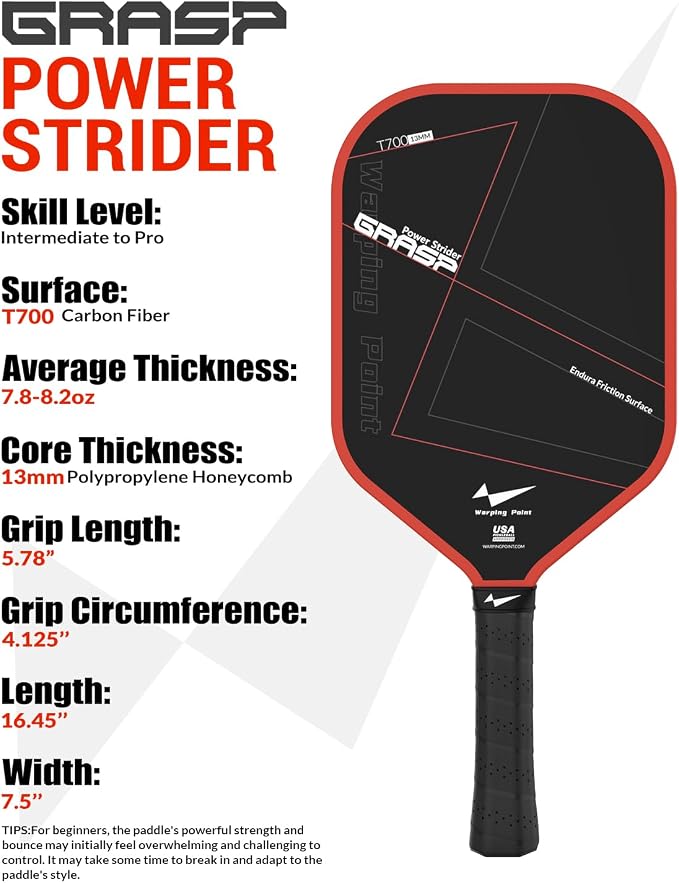 Warping Point Raw T700 Carbon Fiber Pickleball Paddle, USAPA Approved, Edgeless Elongated Design with Endura Friction Surface & 13mm Polymer Core, Thermoformed for Ultimate Spin & Power,Red