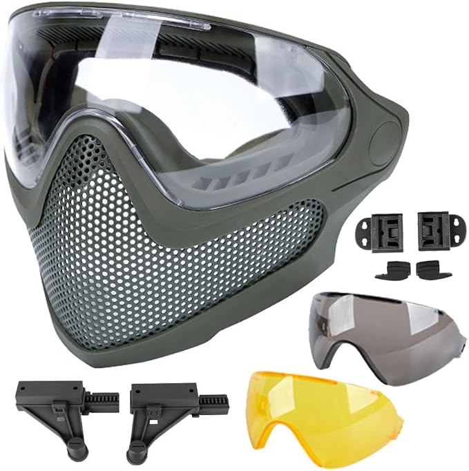 ATAIRSOFT 2 Modes Airsoft Mask Full Face Tactical Safety Protective Mask Anti-Fog Goggles Set with 3 Interchangable Lens