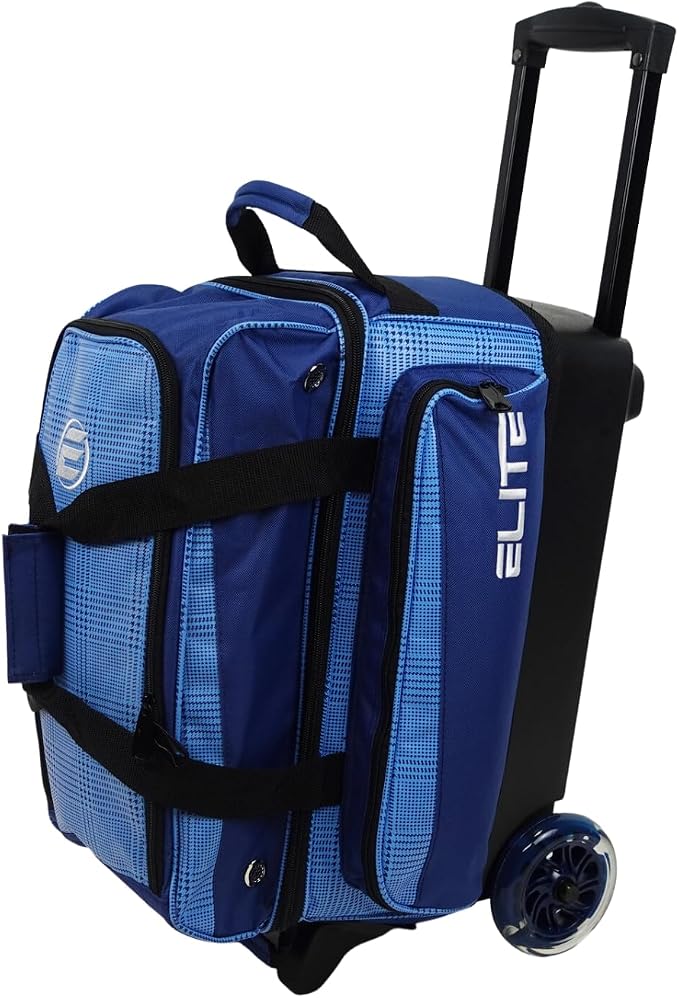 ELITE Deluxe 2 Ball Bowling Bag with 5" Smooth Wheels - Large Accessory Pocket, Shoe Compartment, 36" Extendable Handle