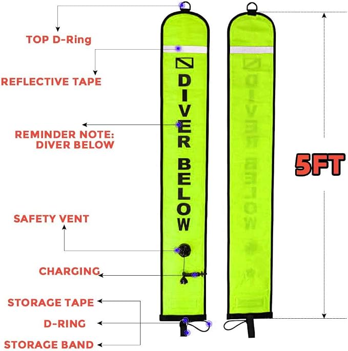 5ft Yellow Scuba Diving Open Bottom Surface Marker Buoy (SMB) with 98ft Finger Spool Alloy Dive Reel and Double Ended Bolt Clip Blue