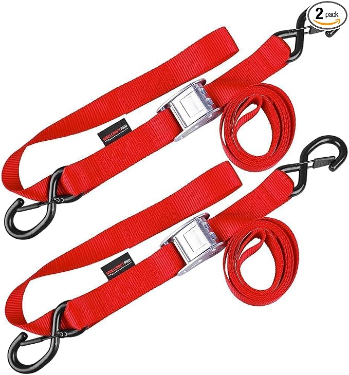 AWELCRAFT Motorcycle Tie Down Straps (2 Pack),3300lb Break Strength,1.5in x 8FT Steel Cambuckle Dirtbike Strap,Integrated Soft Loops & Double S-Hooks with Safety Clips,Lab Tested,Red
