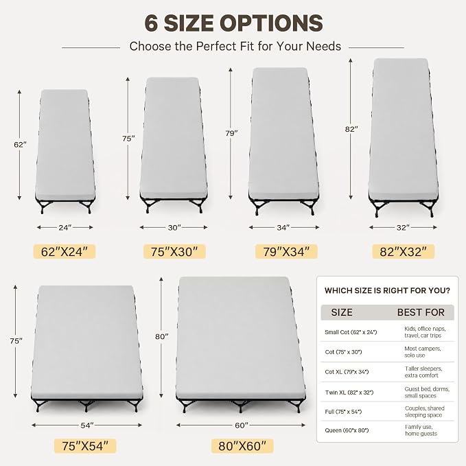 CYMULA Camping Cot Pad 2 Inch Memory Foam, Camping Pad for Folding Cot and Foldable Cot, Portable Roll Up Camp Gear for Car Camping Travel Tent, Non-Slip Waterproof Bottom, Removable Cover, Pad Only