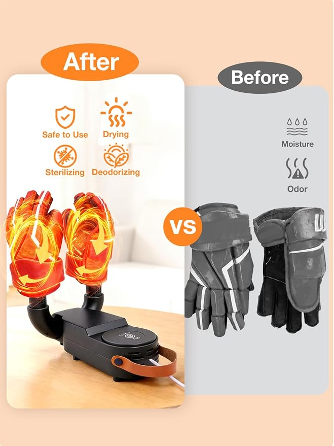 Hockey Glove Dryer, 48°C/118°F Constant Temp Warm Air with Dual Airflow, 0–120 Min Timer Auto Shutoff, Foldable Portable Heat Blower to Dry Hockey Gloves Fast & Help Reduce Odor
