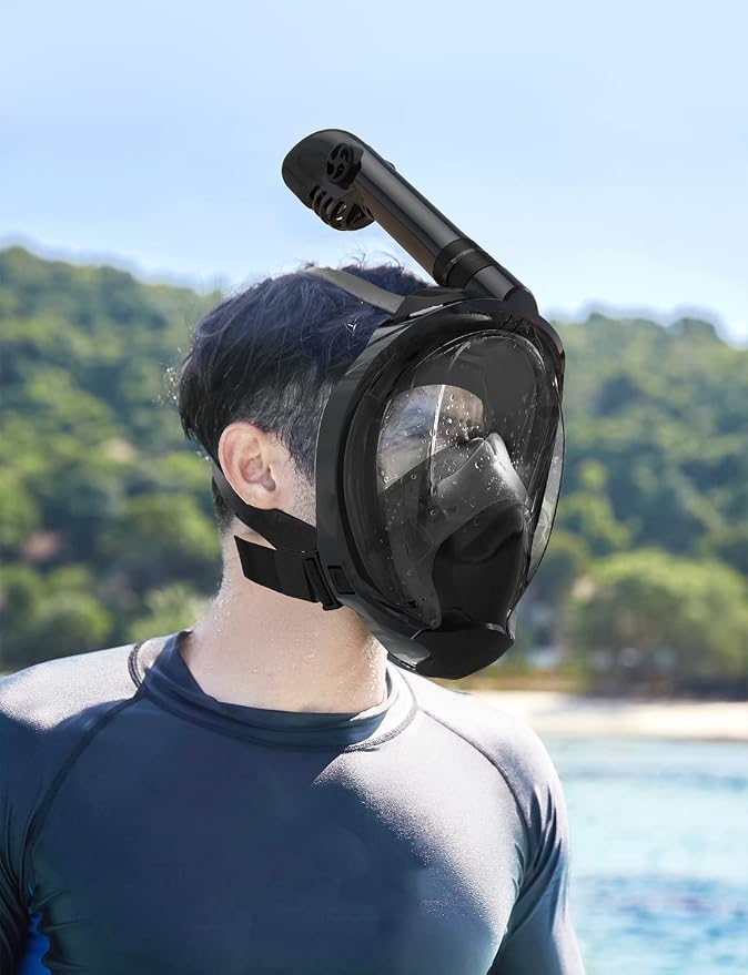 Full Face Snorkel Mask for Adults, 180° Panoramic Anti-Fog Snorkeling Gear with Dry Top System & Camera Mount, Foldable Anti-Leak Design for Travel, Swimming & Ocean Snorkeling