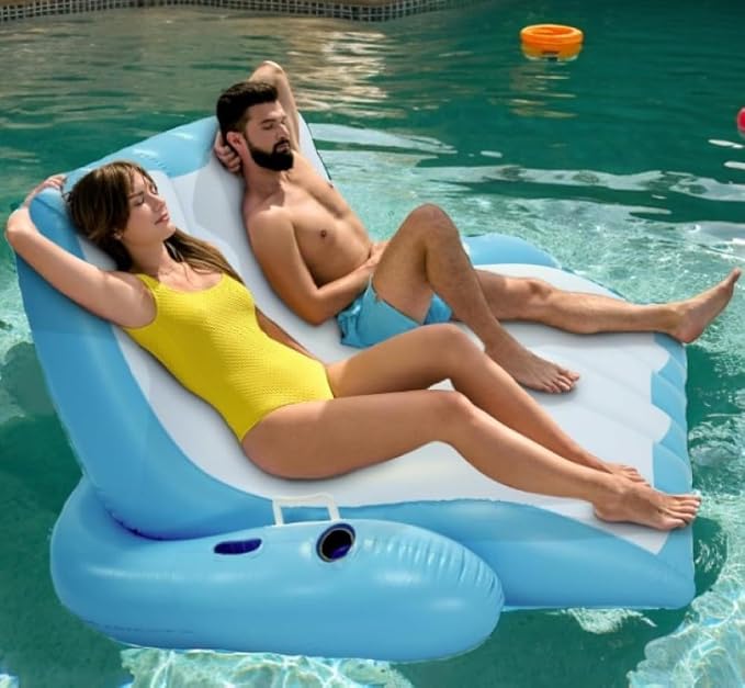 4E's Novelty Two Person Inflatable Pool Recliner Adult Pool Lounger Float with Cup Holder - Heavy Duty Lounger for Adults Floating Recliner Blow Up Floaties Water Floaty Lake Beach Tanning Float