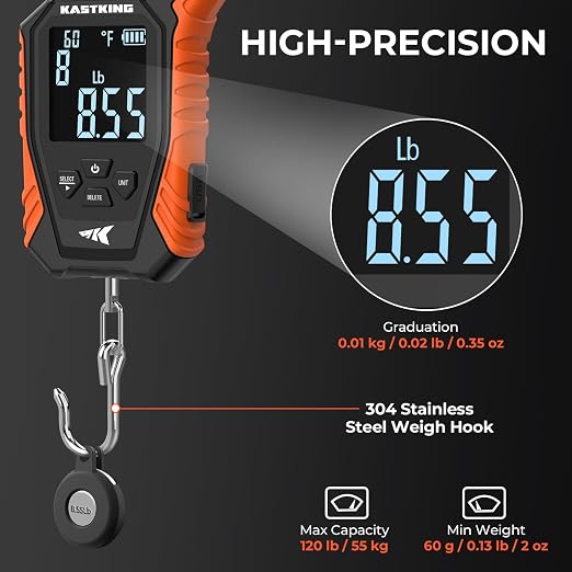 KastKing Weighmaster Mechanical-Digital Fishing Scale, 120 lb Capacity, 2.5" Backlit Display, High-Precision Sensor, 9 Weight Memory, Temperature Detection, IPX6 Waterproof, Fishing Gifts