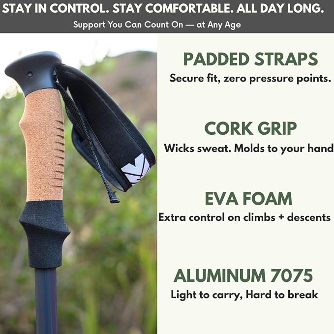 Outsura Trekking Poles for Hiking Collapsible Lightweight Aircraft Graded Aluminum Hiking Poles with Cork Grip & Quick Lock, Pair of 2 Walking Sticks for Seniors Trail & Backpacking