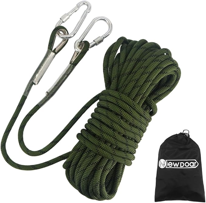 NewDoar Climbing Rope 8(5/16in),10mm (3/8in), High Strength Accessory Cord Rope with 2 Steel Hooks, for Outdoor Rescue Rappelling Rope Down Cliffs ledges Safety Escape Tow Strap Equipment(ArmyGreen)