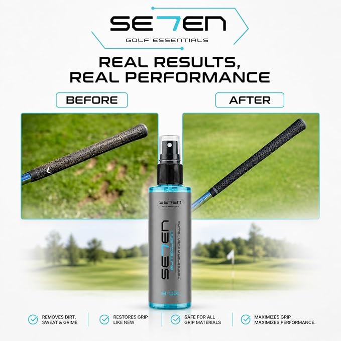 SE7EN EliteClean Golf Grip Cleaner Spray - Restores Tackiness & Control, Removes Sweat & Dirt, Golf Club Grip & Pickleball Paddle Cleaner, Safe for Sports Equipment, Includes Microfiber Towel (1 Pack)