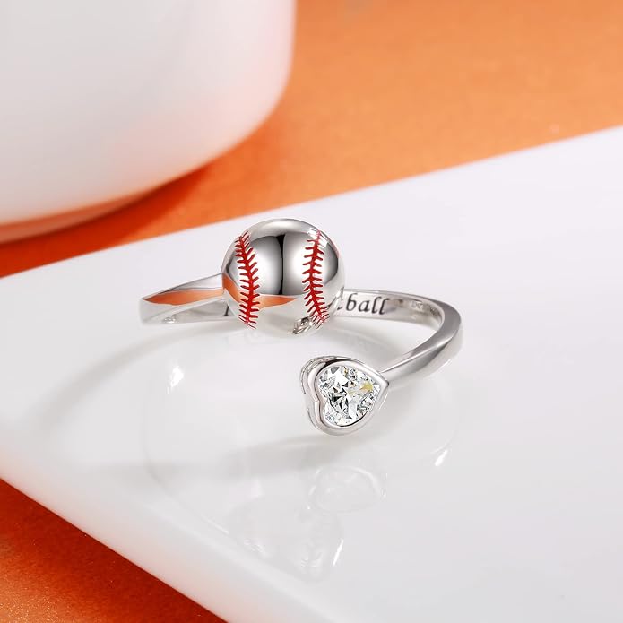 925 Sterling Silver Basketball Softball Baseball Football Tennis Racket Ring Adjustable Sports Jewelry Gifts for Women Player Mom