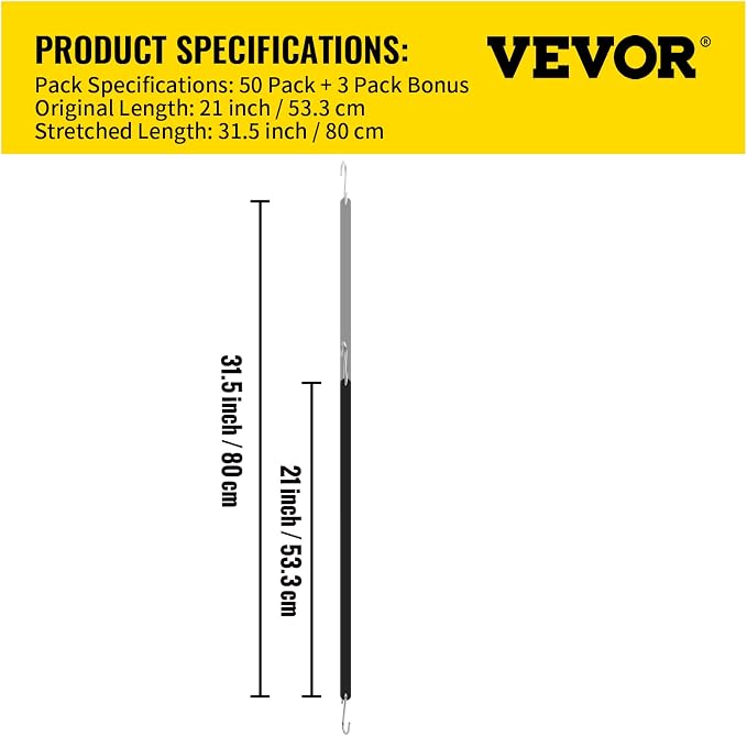 VEVOR Rubber Bungee Cords, 50 Pack 21" Long, Weatherproof Natural Rubber Tie Down Straps with Crimped S Hooks, Heavy Duty Outdoor Tarp Straps for Securing Flatbed Trailers, Canvases, Cargo, and More