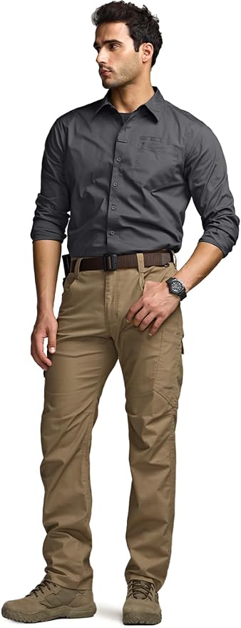 CQR Men's Long Sleeve Tactical Shirts, Ripstop Military Work Shirts, UPF 50+ Breathable Button Down Outdoor Hiking Shirt