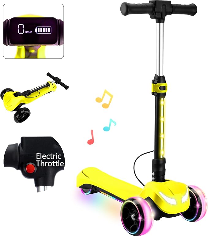 Electric Scooter for Kids w/150W Powerful Motor, Thumb Throttle, LCD Screen, Bluetooth, Light-Up Stem Deck & Wheels, 3 Adjustable Heights, 5MPH Safe Speed, 3 Wheel Electric Scooter for Kids