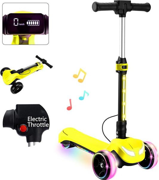 Electric Scooter for Kids w/150W Powerful Motor, Thumb Throttle, LCD Screen, Bluetooth, Light-Up Stem Deck & Wheels, 3 Adjustable Heights, 5MPH Safe Speed, 3 Wheel Electric Scooter for Kids