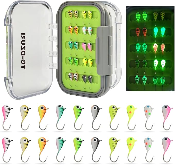 Tungsten Ice Fishing Jigs Kit, 3.2/4/5mm Glow in Dark Tear Drop Ice Fishing Lure Jigs with Waterproof Two-Sided Jig Box Assortment 20/24/30
