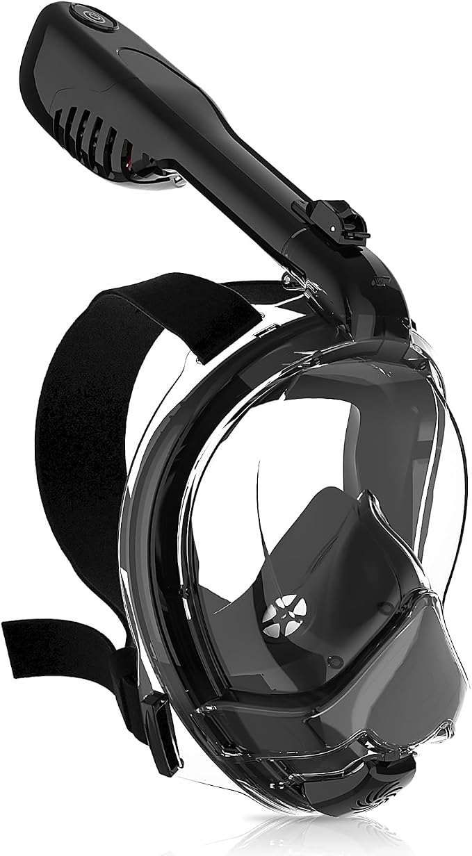 Yosmer Electric Full Face Snorkel Mask for Adults, Fan-Assisted Snorkeling Mask with Dry Top System, 180° Panoramic View, Anti-Fog Design, Foldable Travel Snorkel Gear