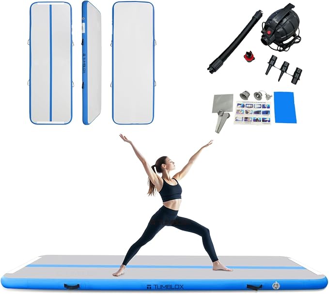 Air Gymnastics Mat Inflatable & Tumbling Mat – 4/8 Inches Thick with Electric Pump + Free Foot Pump – Ideal for Home, Gym, Water, and Beach Use