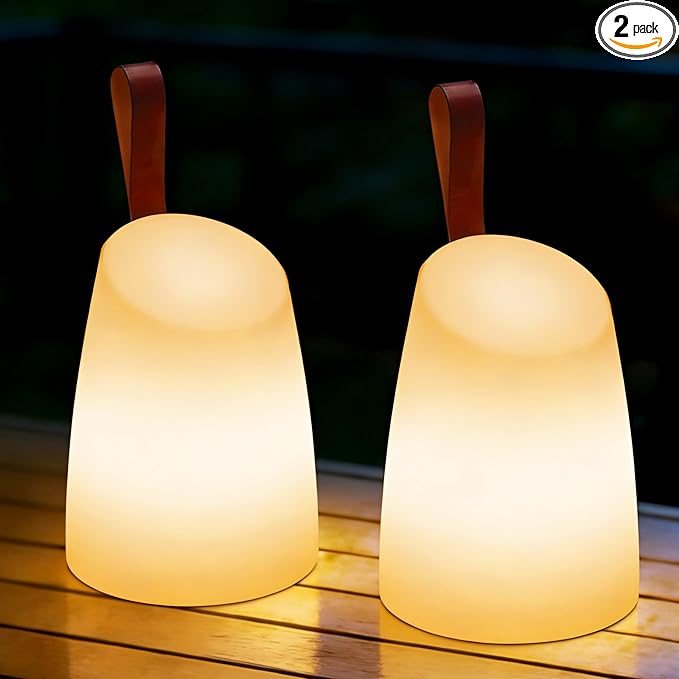 uuffoo 2 Pack Portable Outdoor Table Lamp LED Camping Lantern, Rechargeable Table Lamp with Remote, RGB & Warm White, IP44 Water-Resistant, Timer & Memory, Hanging Lantern for Patio, Garden, Camping