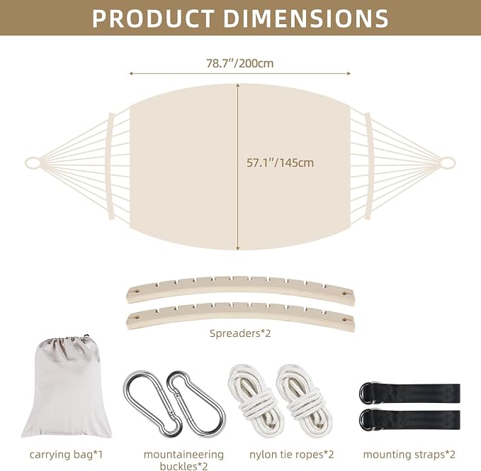 Portable Double Hammock, Hanging Hammock with Tassels and Fishtail Knitting, 550LB Capacity, 320GSM Hanging Bed with Set Full Accessories for Outdoor Camping Patio Balcony Beige