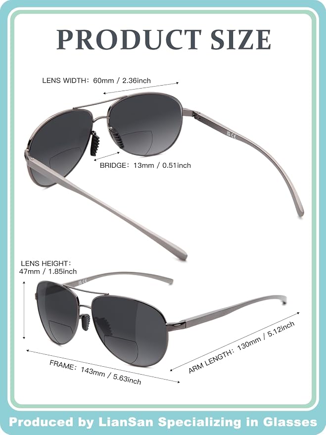 LianSan Premium Aviator Bifocal Reading Sunglasses for Men Women Retro Top Clear Sun Readers UV Protection