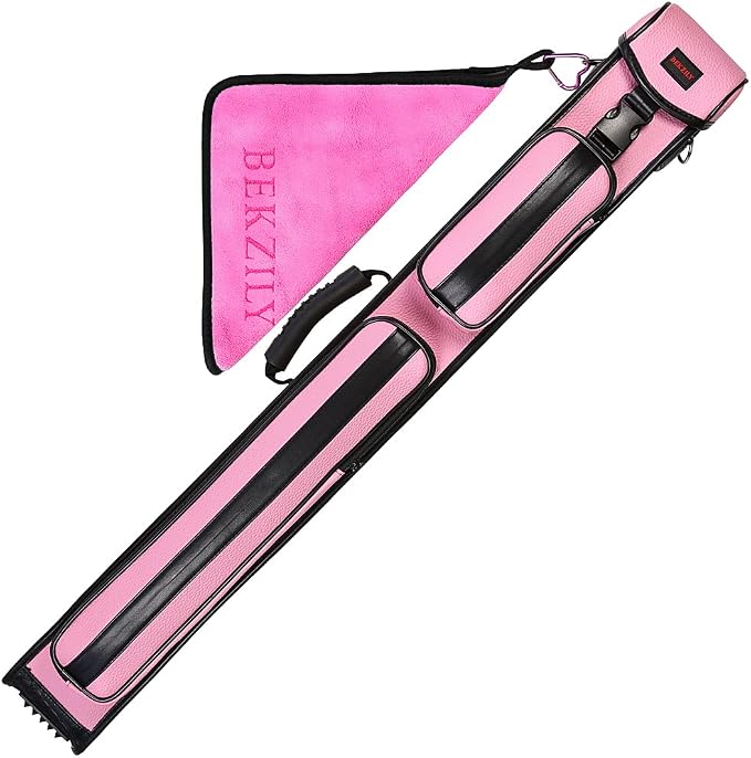 2x3 Billiard Cue Case – Holds 2 Butts & 3 Shafts, PU Leather Exterior, Plastic Buckle Closure, External Accessory Pocket & Towel Hook, Black/Blue/Pink