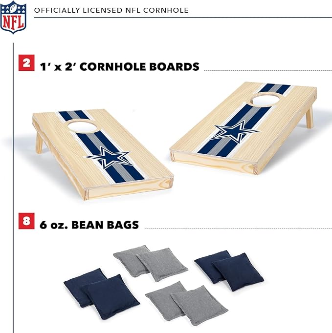 NFL Football Portable Size 1' x 2' Solid Wood Cornhole Set with Direct Print HD Team Graphics – Travel Size