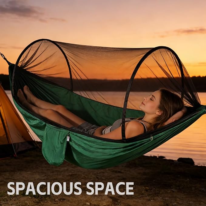 Camping Hammock with Mosquito Net - Double & Single Portable Hammocks with 2 Tree Straps, Lightweight Hammock Tent for Outdoor Camping, Hiking, Backpacking, Beach & Backyard (Dark Green)