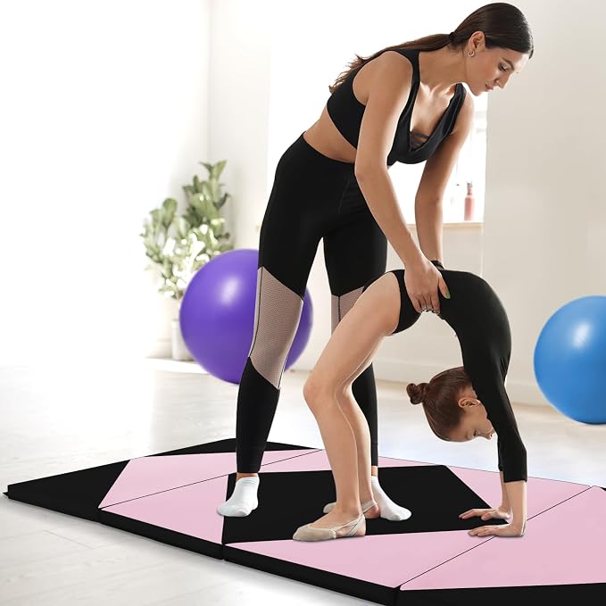 Goplus Gymnastics Mat, Folding Tumbling Mat with Carry Handles, Hook & Loop Fasteners, 4 Panels for Fitness Exercise Yoga Stretching Aerobics Workouts, Thick Gym Mats for Home