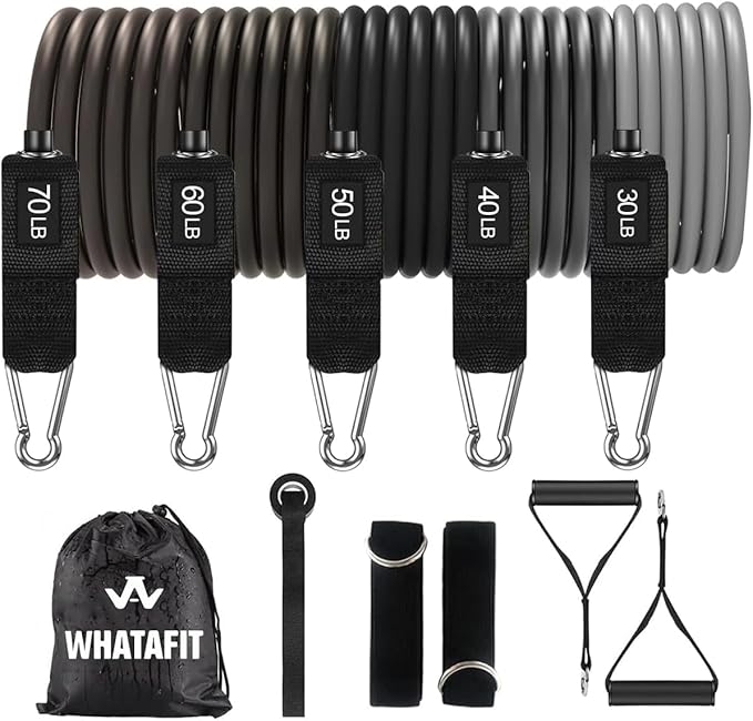 WHATAFIT Resistance Bands, Exercise Bands, Workout Bands with Handles, Door Anchor and Ankle Straps, 5 Resistance Levels Fitness Bands for Strength Training, Physical Therapy, and Home Gym Equipment