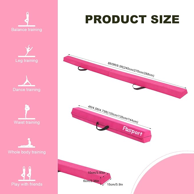 FBSPORT 8ft/9ft/9.5ft Balance Beam Folding Gymnastics Beam Foam Balance Floor Beam Equipment for Kids Adults, Suede Cover Anti Slip Base with Carry Bag for Home School Gym Training