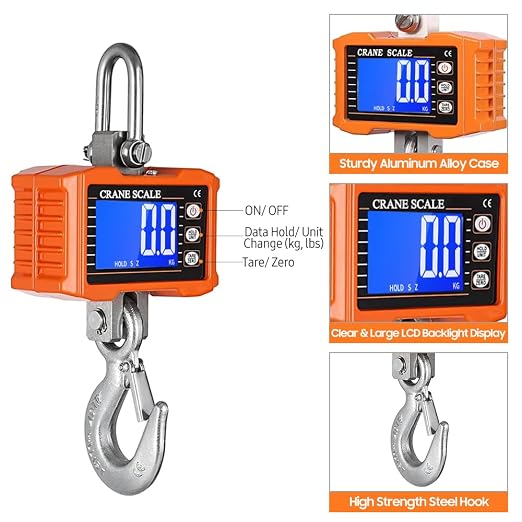Geevorks Digital Hanging Scales Portable Heavy Duty Crane Scale,Industrial Precision Digital Hanging Scale1000KG (2204lbs),LCD Backlight,with Unit Change/Data Hold/Tare/Zero