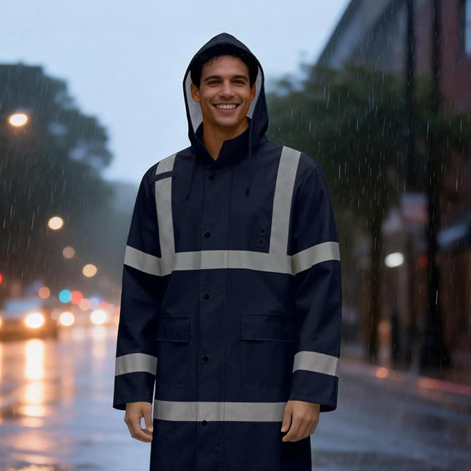 High Visibility Rain Coat, High Vis Rain Suit for Men Women, Waterproof Rain Jacket with Hood, Class 3 Lightweight Hi Vis Rain Gear for Outdoor Activities& Safety Work, Dark Blue Long, M