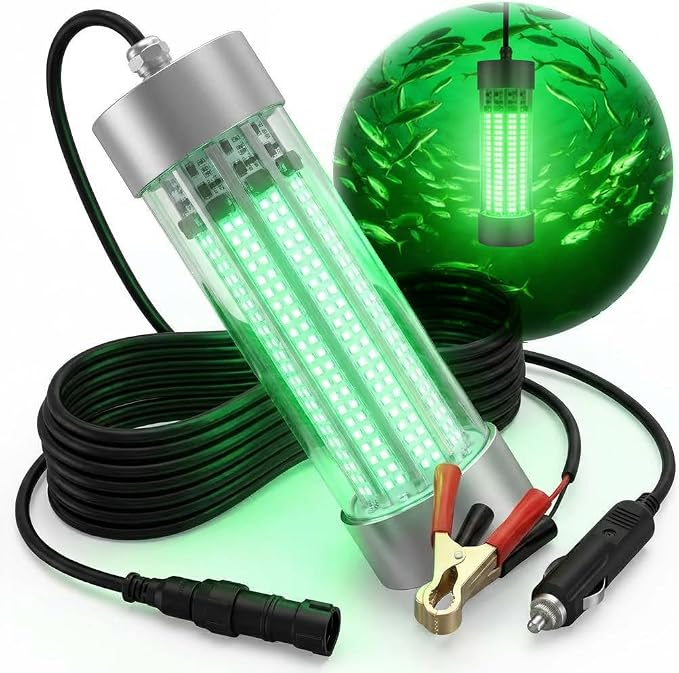Underwater Fishing Light DC12V Max 200W Fish Attracting Light for Boat Docks Kayaks at Night, IP68 Submersible Green Light for Crappie Snook Squid Bait Catfish (16.4FT Cable)