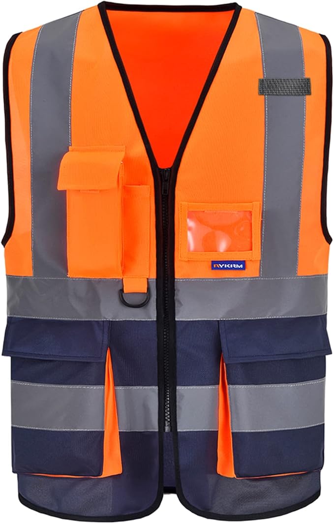 A-SAFETY High visibility vest,Reflective Safety Vest Workwear 7 Pockets Hi Vis Durable Vest with Reflective Tapes 4 Lower Pockets,Orange&Navy M