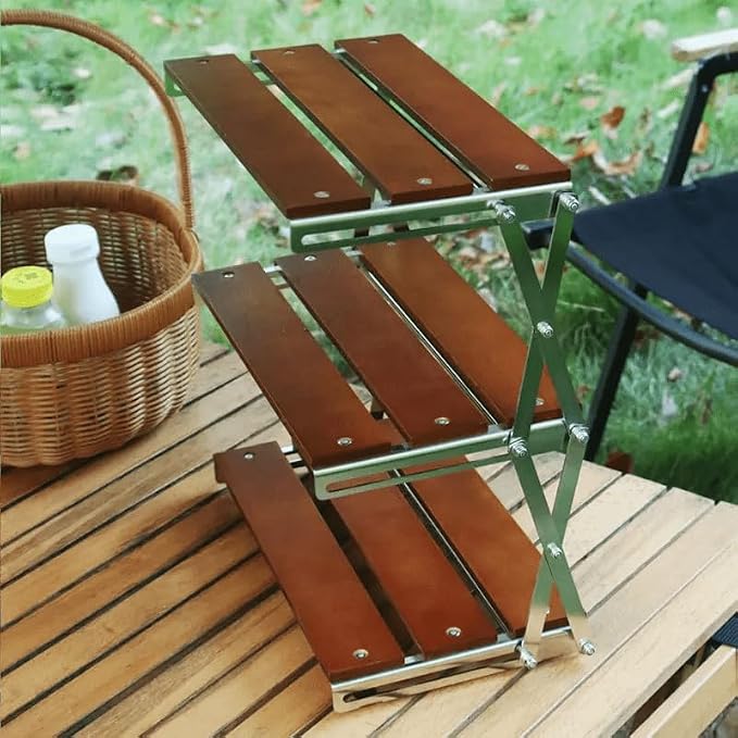 Folding Camping Shelf, 3-Tier Portable Outdoor Storage Rack, Aluminum Frame & Wood Tabletop, Collapsible Organizer for Picnic, BBQ, Backyard, Camp Table Side Accessories