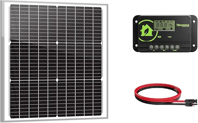 Newpowa 50W Watts 12V Mono 10BB Solar Panel Off Grid Solar Charge Kit 50 Watt 12 Volt Solar Panel+10A PWM Charge Controller+6ft Extension Cable for RV Marine Car Motorcycle Battery Charge Kit