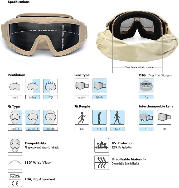 SPOSUNE Airsoft Tactical Goggles with 3 Interchangable Lens Impact resistance Hunting Eyewear, UV400 Protection Shooting Glasses for Men Women Motorcycle Riding Wargame Paintball Khaki