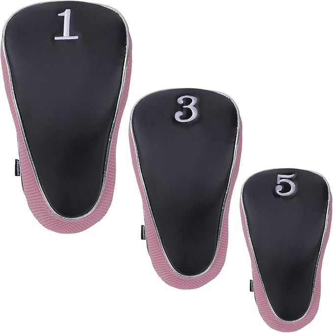 Andux Golf Wood Club Head Covers with Hook & Loop Set of 3 | for 460cc Driver Fairway Short Neck Faux Leather and Nylon-mesh Embroidery thread Number