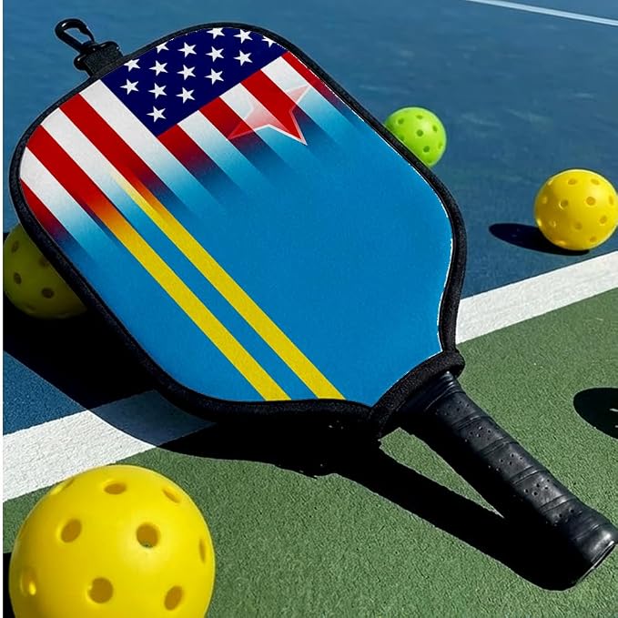 ExpressItBest Aruba Flag Pickleball Paddle Cover, Neoprene Material with Snap Hook, Blue and Yellow Design