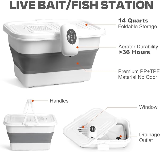 VEYWANE Live Bait or Fish Bucket with Aerator, 14 Quarts Multi-Function Collapsible Fishing Container Box with Rechargeable Air Pump