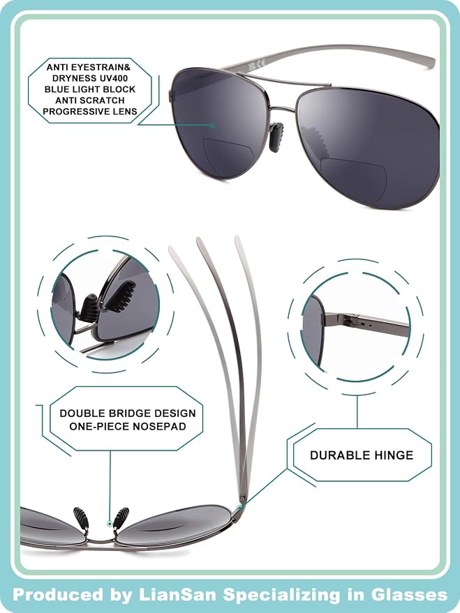 LianSan Premium Aviator Bifocal Reading Sunglasses for Men Women Retro Top Clear Sun Readers UV Protection
