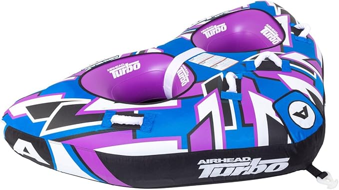 Airhead Turbo Blast Towable Tube for Boating, 1-2 Rider Inflatable Boat Tube for Water Tubing, Low Profile Design for Speed, Cushioned Handles for Stability, Kwik-Connect, Speed Safety Valve