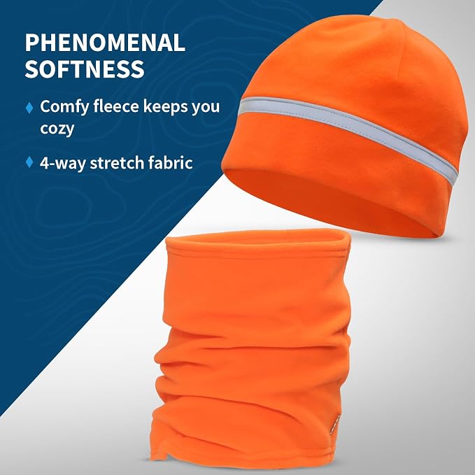 Hunter Orange Winter Running Set: Reflective Beanie + Micro-Fleece Neck Gaiter