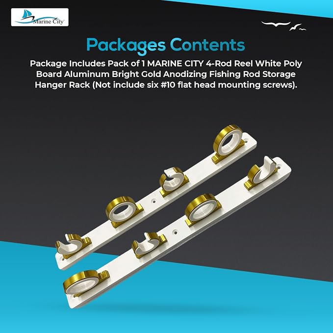 MARINE CITY 4-Rod Reel Fishing Rod Storage Hanger Rack with White Poly Board – Aluminum Gold Powder Coating, Ideal for Marines, Boats, Vans, and Cars (Pack of 1)