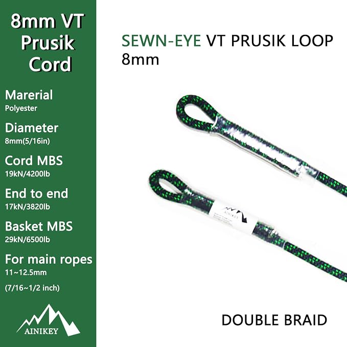 8mm (5/16") Prusik Swen Eye-to-Eye Pre-Sewn 30 inch / 45 inch Climbing Utility Cord Multipurpose for Outdoor Climbing Arborist Mountaineering Rope Black | 45 inch | Pack of 3