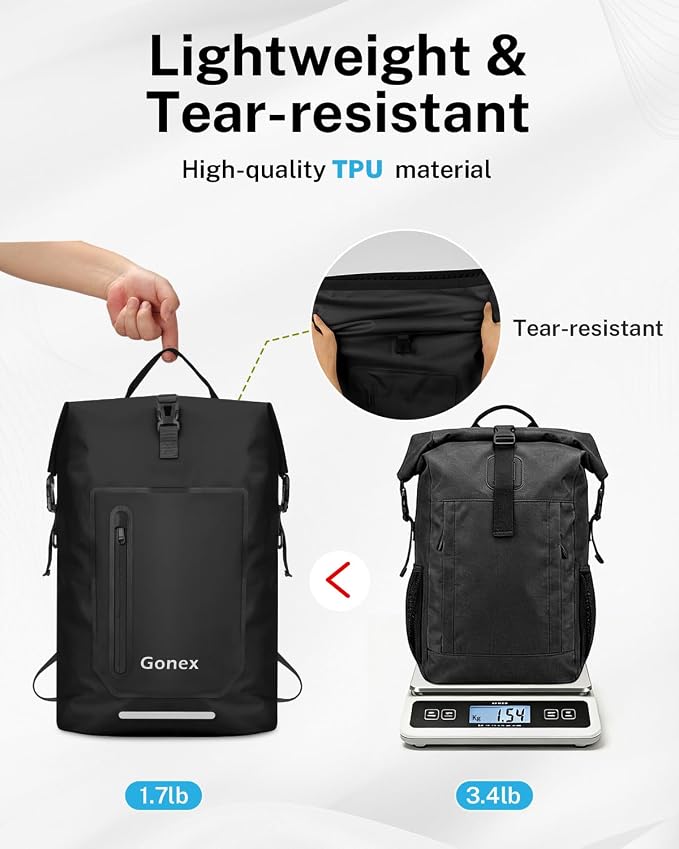 Gonex Ultralight Waterproof TPU Backpack, 35L Roll Top Dry Bag with Comfortable Padded Back Panel for Kayaking Boating Camping Fishing Travel,Black